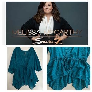 2X Flutter Sleeve Cinched High-Low Handkerchief Teal Sheer Top